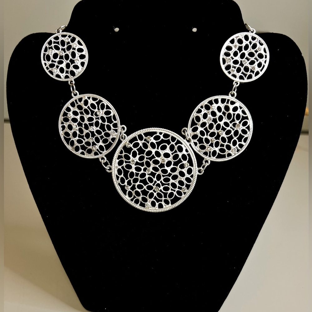 Silver Tone Circular Filigree Statement Necklace … - image 1